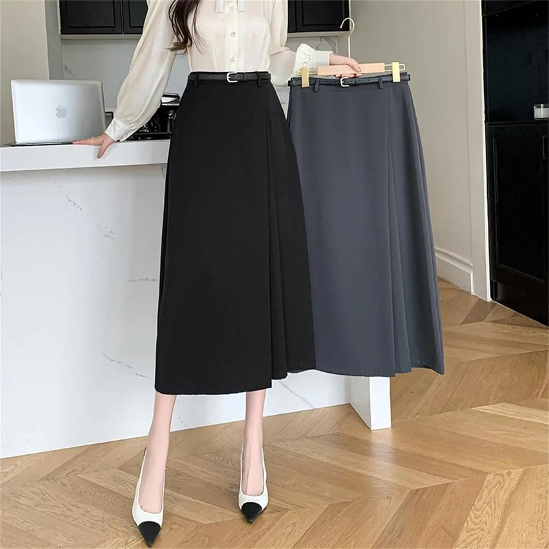 Women's Spring Summer Solid Elegant Wrap Skirts with Belted High Waist Solid A-Line Midi Skirts