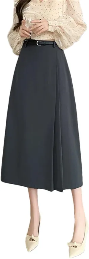 Women's Spring Summer Solid Elegant Wrap Skirts with Belted High Waist Solid A-Line Midi Skirts