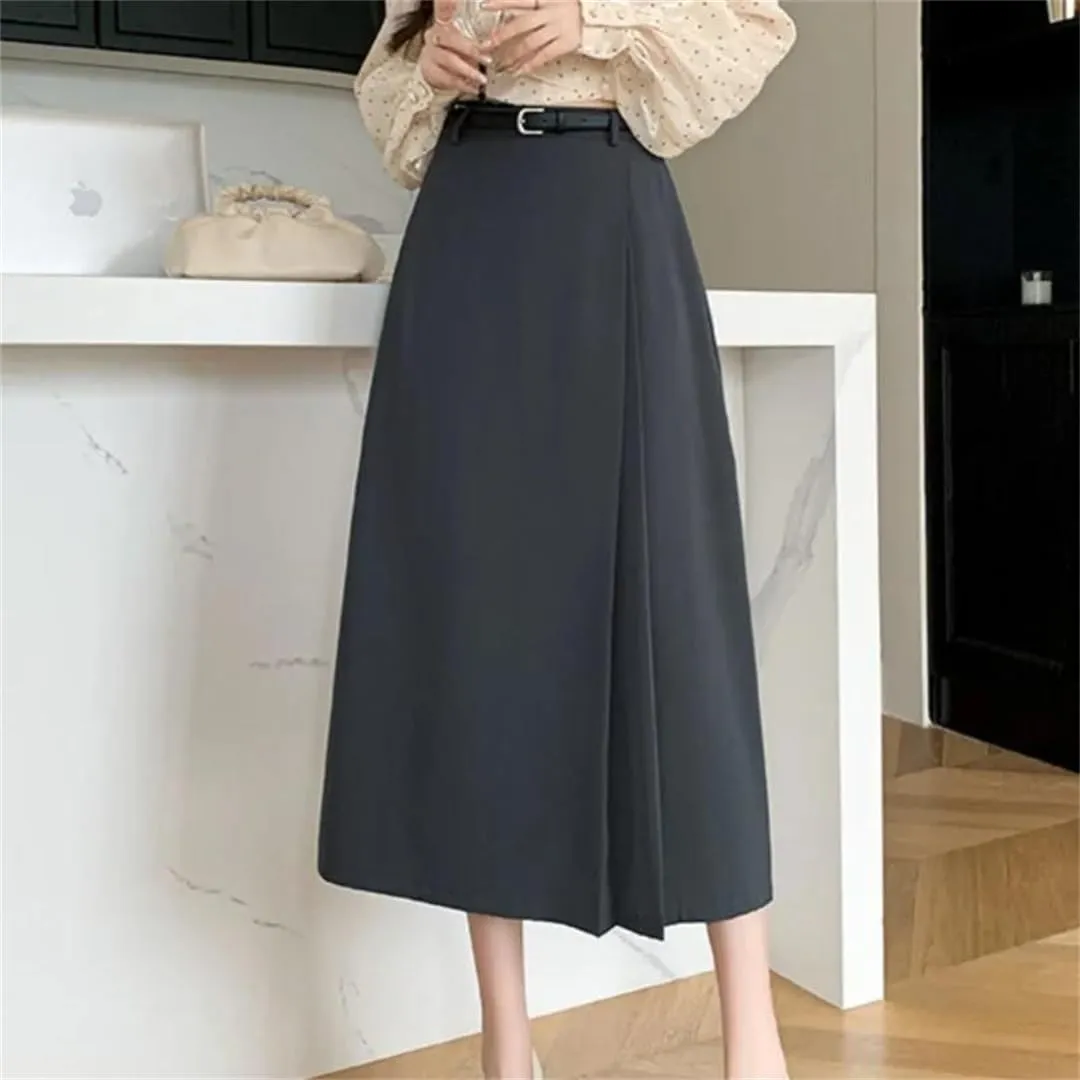 Women's Spring Summer Solid Elegant Wrap Skirts with Belted High Waist Solid A-Line Midi Skirts
