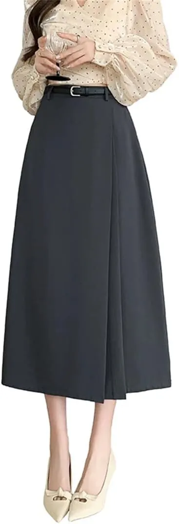 Women's Spring Summer Solid Elegant Wrap Skirts with Belted High Waist Solid A-Line Midi Skirts