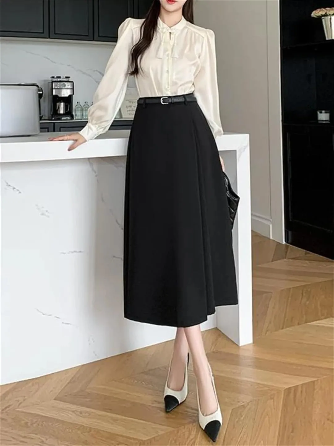 Women's Spring Summer Solid Elegant Wrap Skirts with Belted High Waist Solid A-Line Midi Skirts