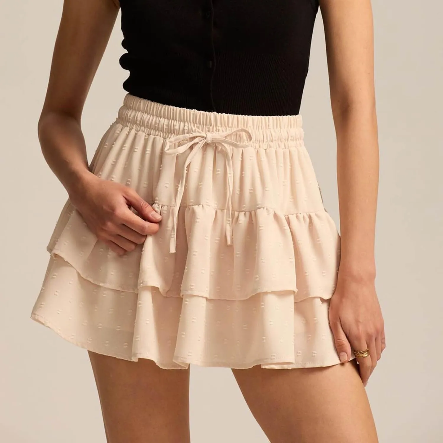 Women's Summer Boho Ruffle Tiered Mini Skirt 2025 Drawstring Elastic Waist Skorts Flowy Casual Skirts with Inner Shorts