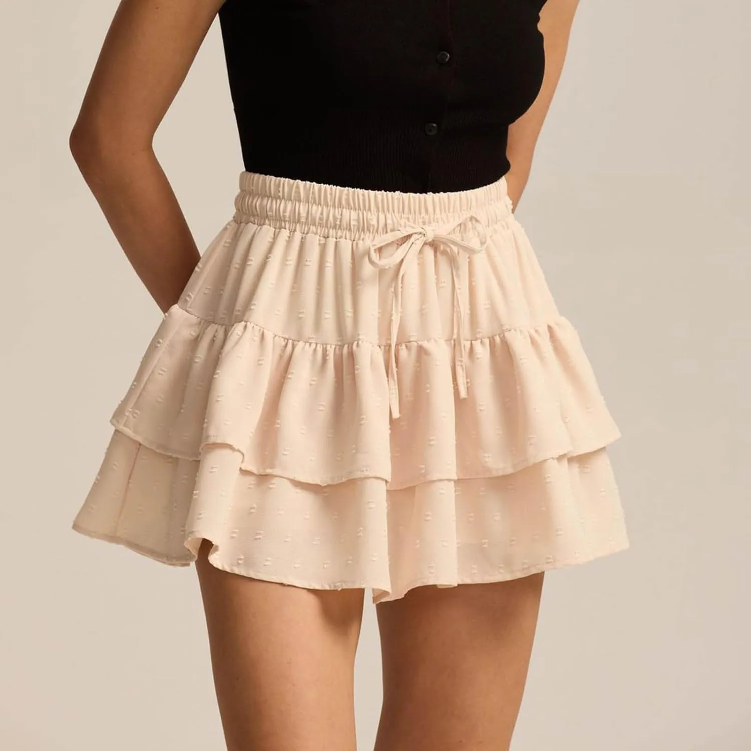 Women's Summer Boho Ruffle Tiered Mini Skirt 2025 Drawstring Elastic Waist Skorts Flowy Casual Skirts with Inner Shorts