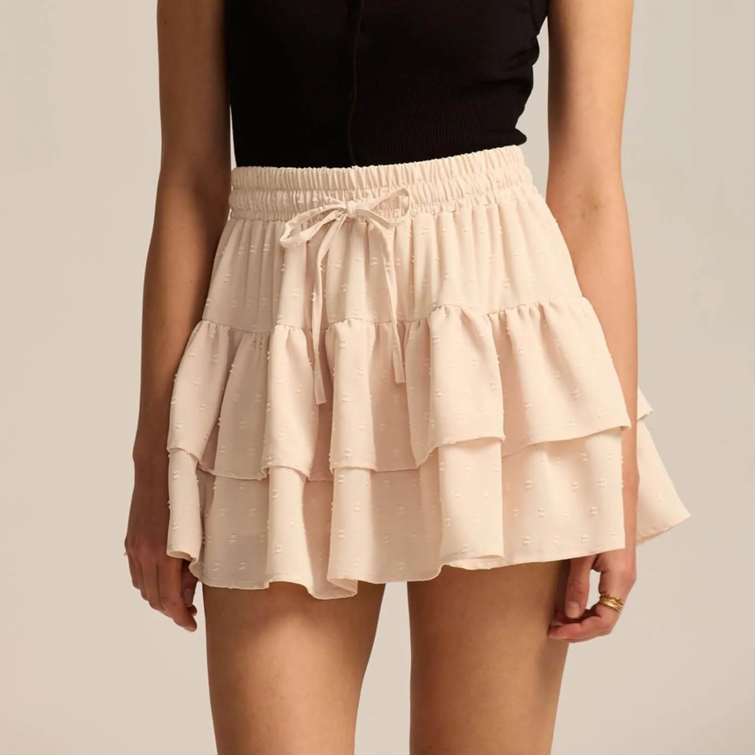 Women's Summer Boho Ruffle Tiered Mini Skirt 2025 Drawstring Elastic Waist Skorts Flowy Casual Skirts with Inner Shorts