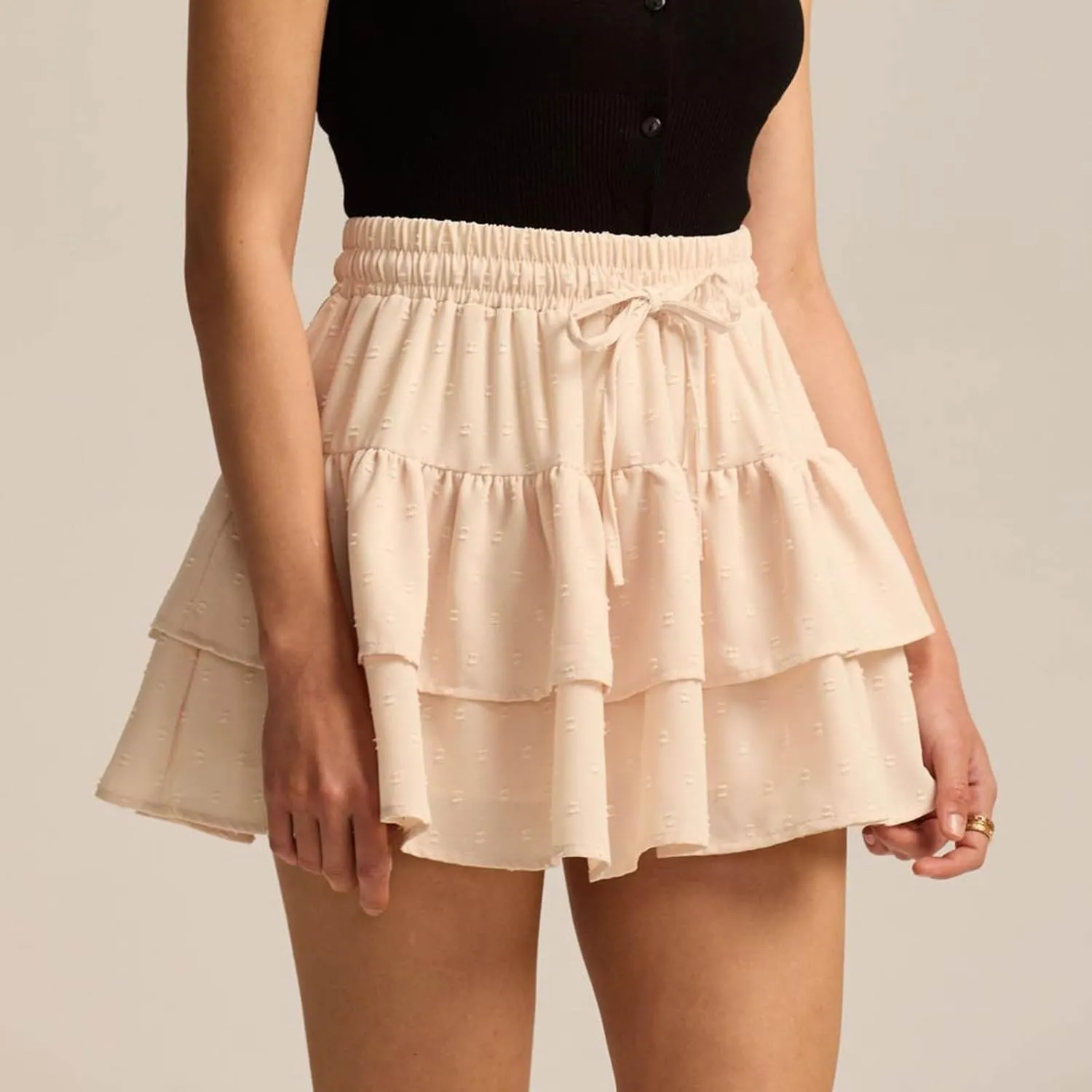 Women's Summer Boho Ruffle Tiered Mini Skirt 2025 Drawstring Elastic Waist Skorts Flowy Casual Skirts with Inner Shorts