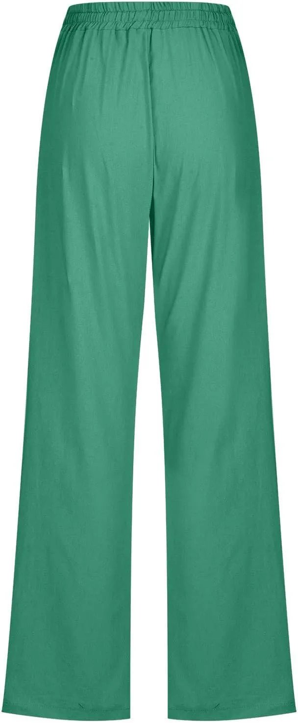 Women's Summer Drawstring Waist Wide Leg Trousers Fashion Solid Color Loose Cotton Linen Pants Casual Pockets Pants