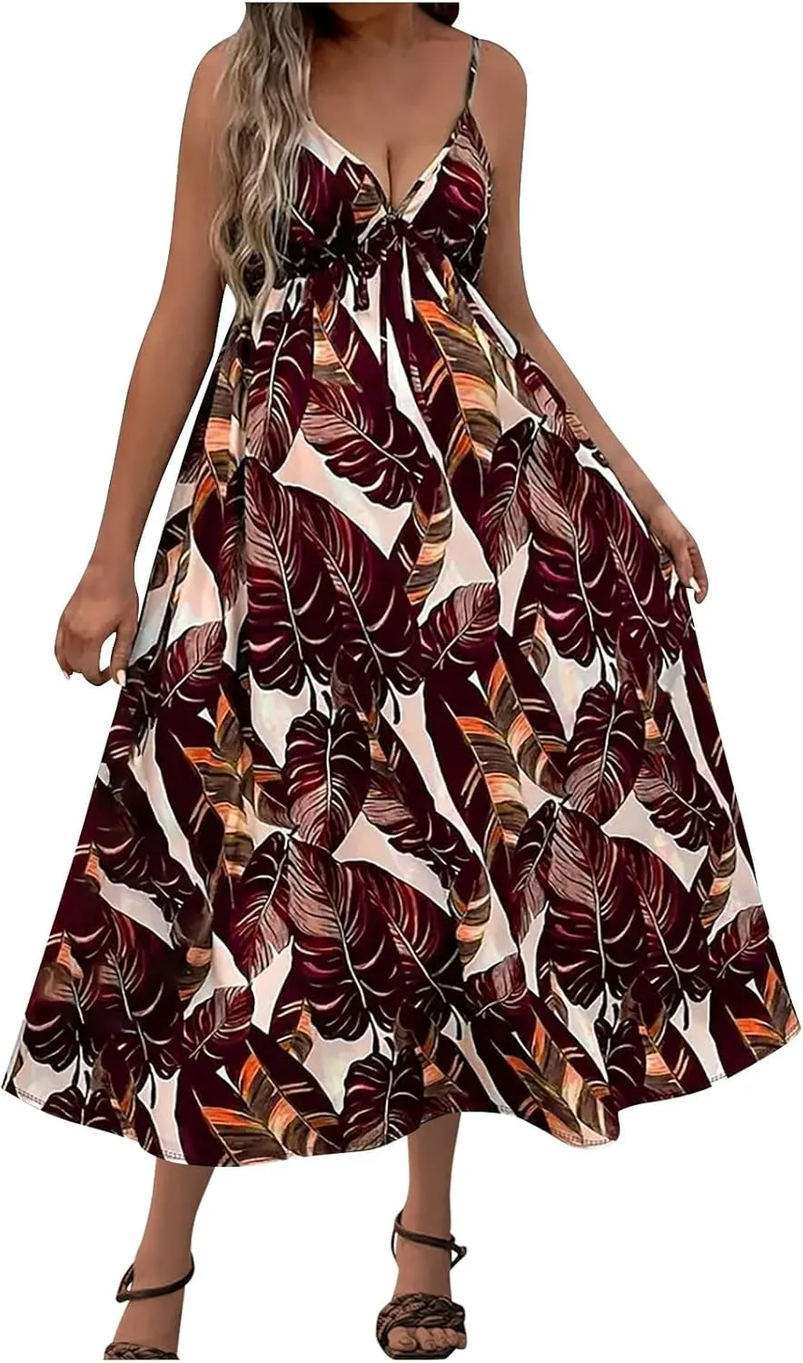 Womens Summer Dress 2025 Beach Floral Sleeveless Sundresses Sexy Wrap V Neck Spaghetti Strap A-Line Dresses