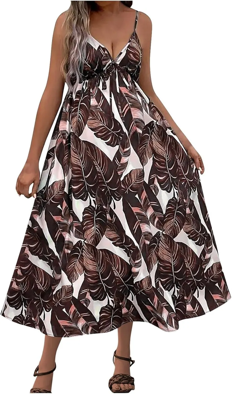 Womens Summer Dress 2025 Beach Floral Sleeveless Sundresses Sexy Wrap V Neck Spaghetti Strap A-Line Dresses