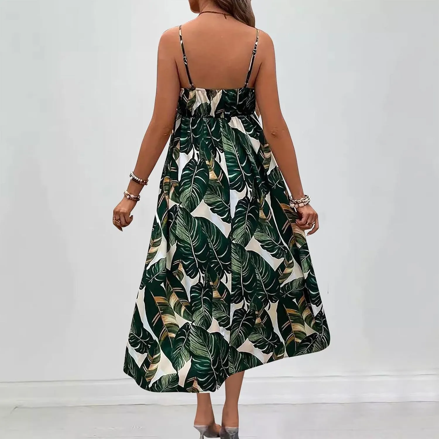 Womens Summer Dress 2025 Beach Floral Sleeveless Sundresses Sexy Wrap V Neck Spaghetti Strap A-Line Dresses