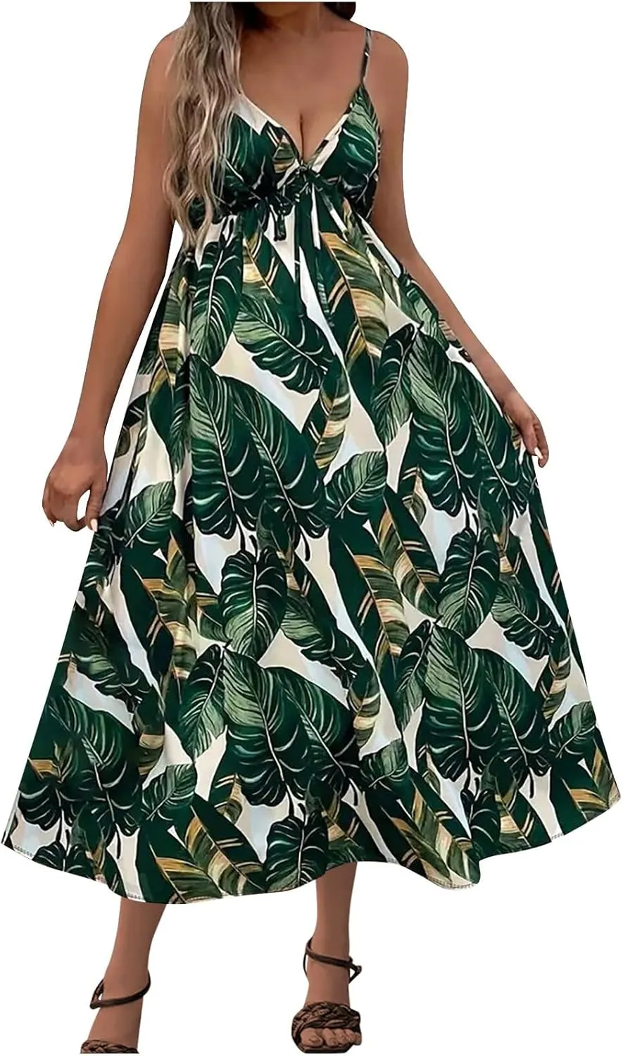 Womens Summer Dress 2025 Beach Floral Sleeveless Sundresses Sexy Wrap V Neck Spaghetti Strap A-Line Dresses