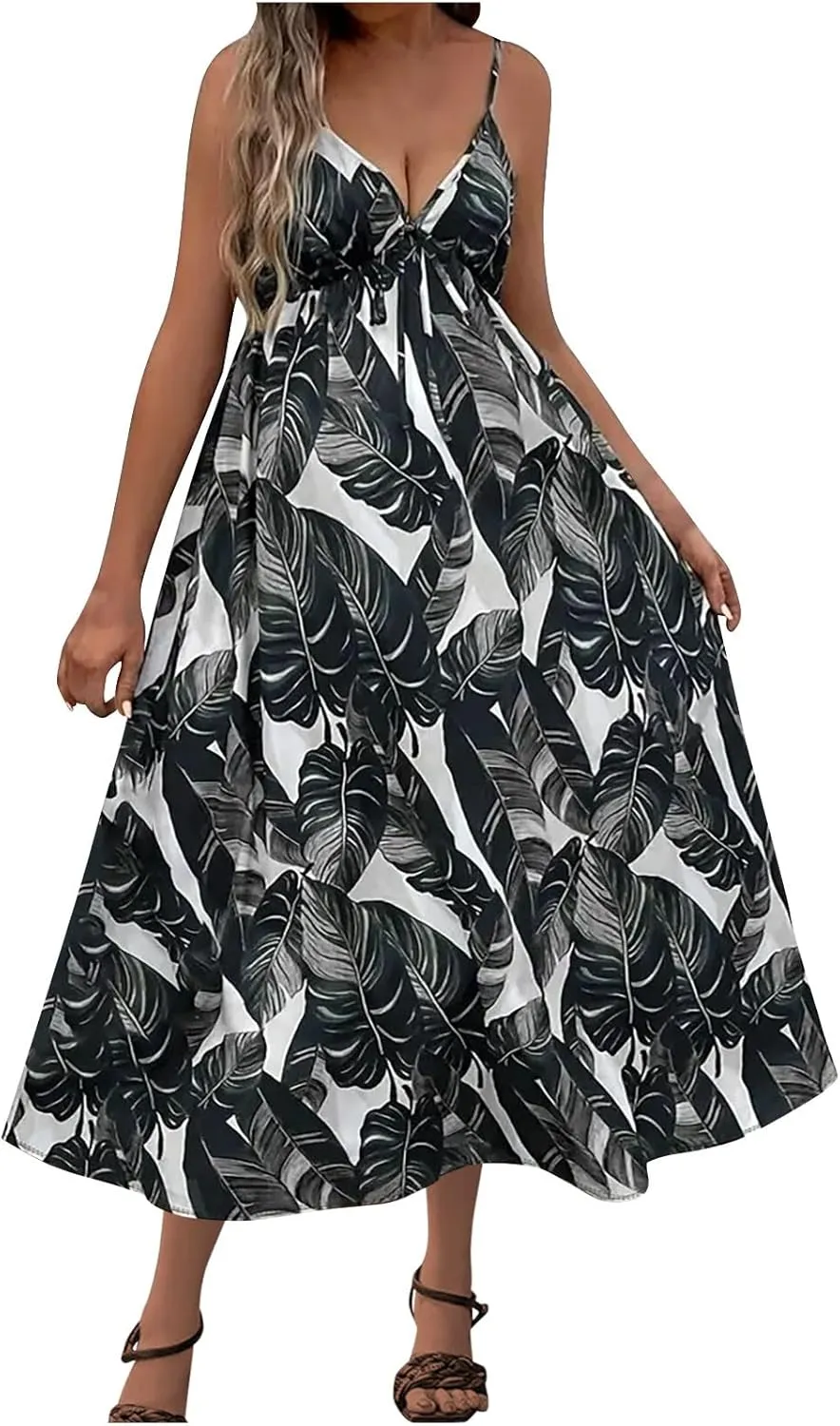 Womens Summer Dress 2025 Beach Floral Sleeveless Sundresses Sexy Wrap V Neck Spaghetti Strap A-Line Dresses