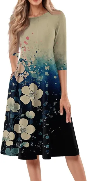 Womens Summer Dresses 2025 Crew Neck 3/4 Sleeve Casual Sundresses Vacation Beach Loose Midi Dress with Pockets