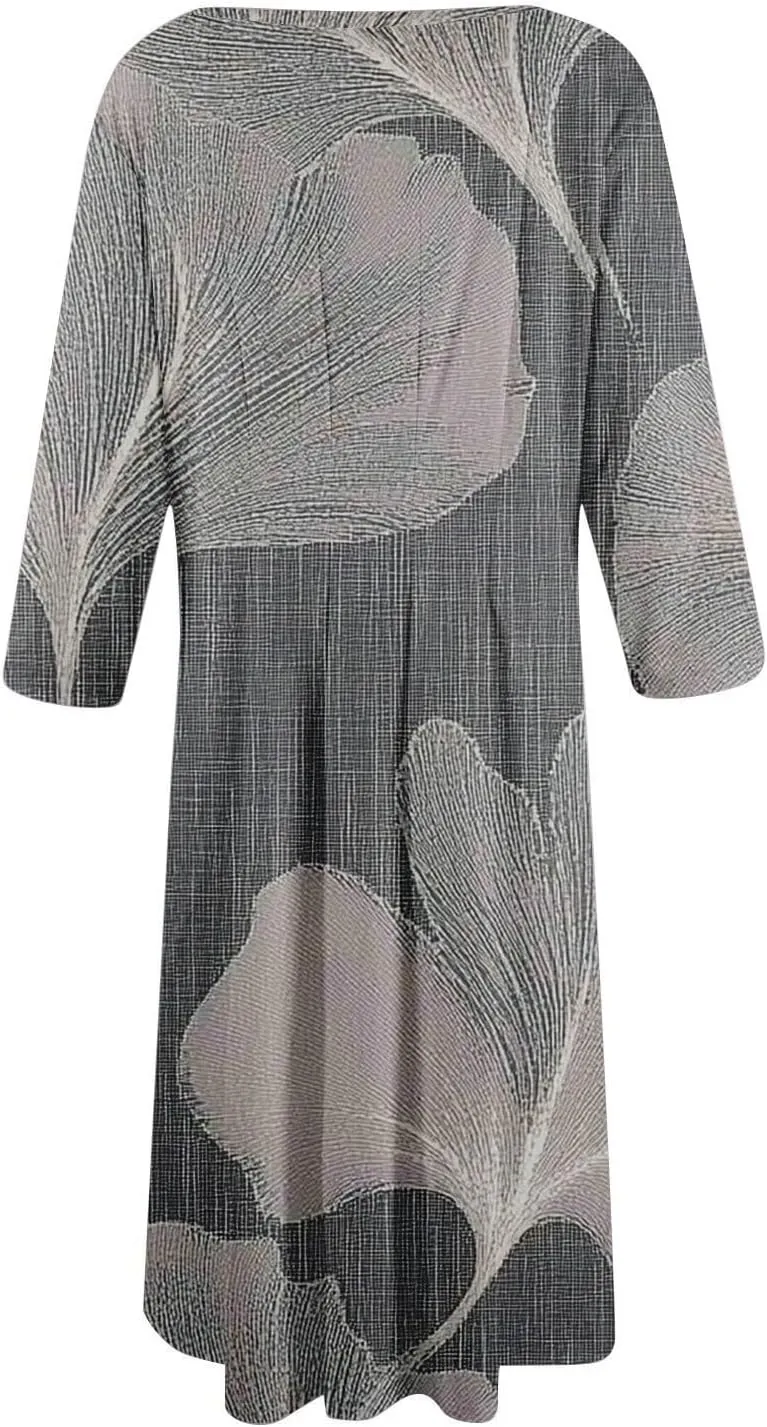 Womens Summer Dresses 2025 Crew Neck 3/4 Sleeve Casual Sundresses Vacation Beach Loose Midi Dress with Pockets