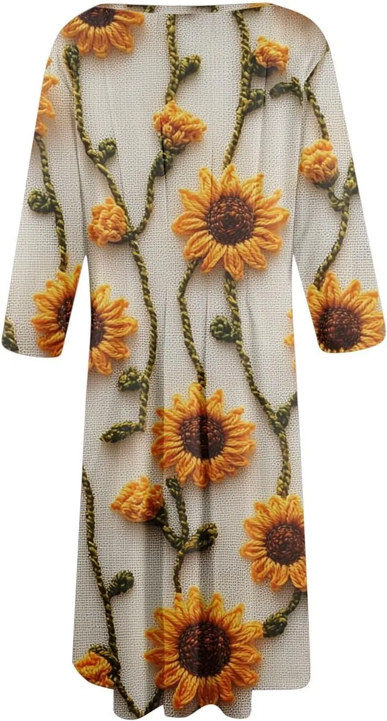 Womens Summer Dresses 2025 Crew Neck 3/4 Sleeve Casual Sundresses Vacation Beach Loose Midi Dress with Pockets