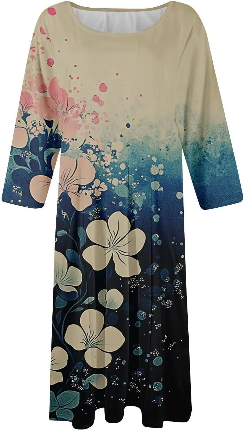 Womens Summer Dresses 2025 Crew Neck 3/4 Sleeve Casual Sundresses Vacation Beach Loose Midi Dress with Pockets