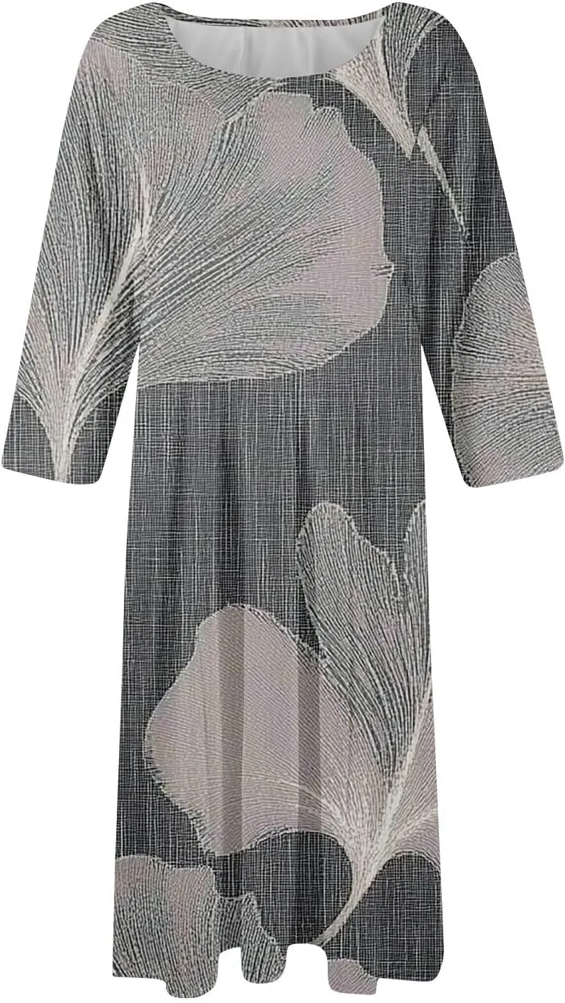 Womens Summer Dresses 2025 Crew Neck 3/4 Sleeve Casual Sundresses Vacation Beach Loose Midi Dress with Pockets