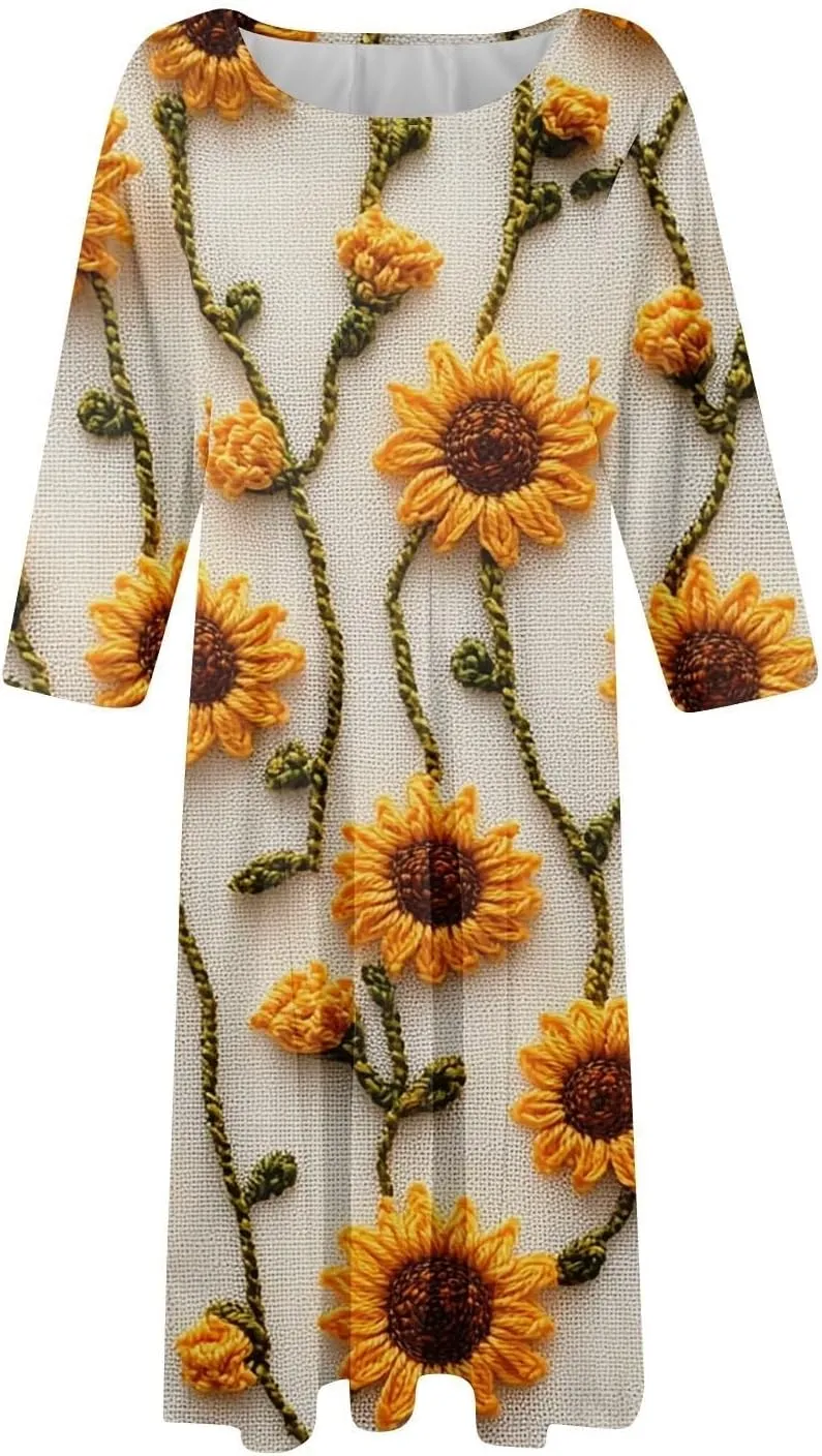 Womens Summer Dresses 2025 Crew Neck 3/4 Sleeve Casual Sundresses Vacation Beach Loose Midi Dress with Pockets