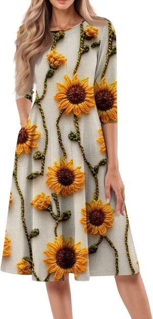 Womens Summer Dresses 2025 Crew Neck 3/4 Sleeve Casual Sundresses Vacation Beach Loose Midi Dress with Pockets