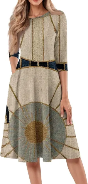 Womens Summer Dresses 2025 Crew Neck 3/4 Sleeve Casual Sundresses Vacation Beach Loose Midi Dress with Pockets