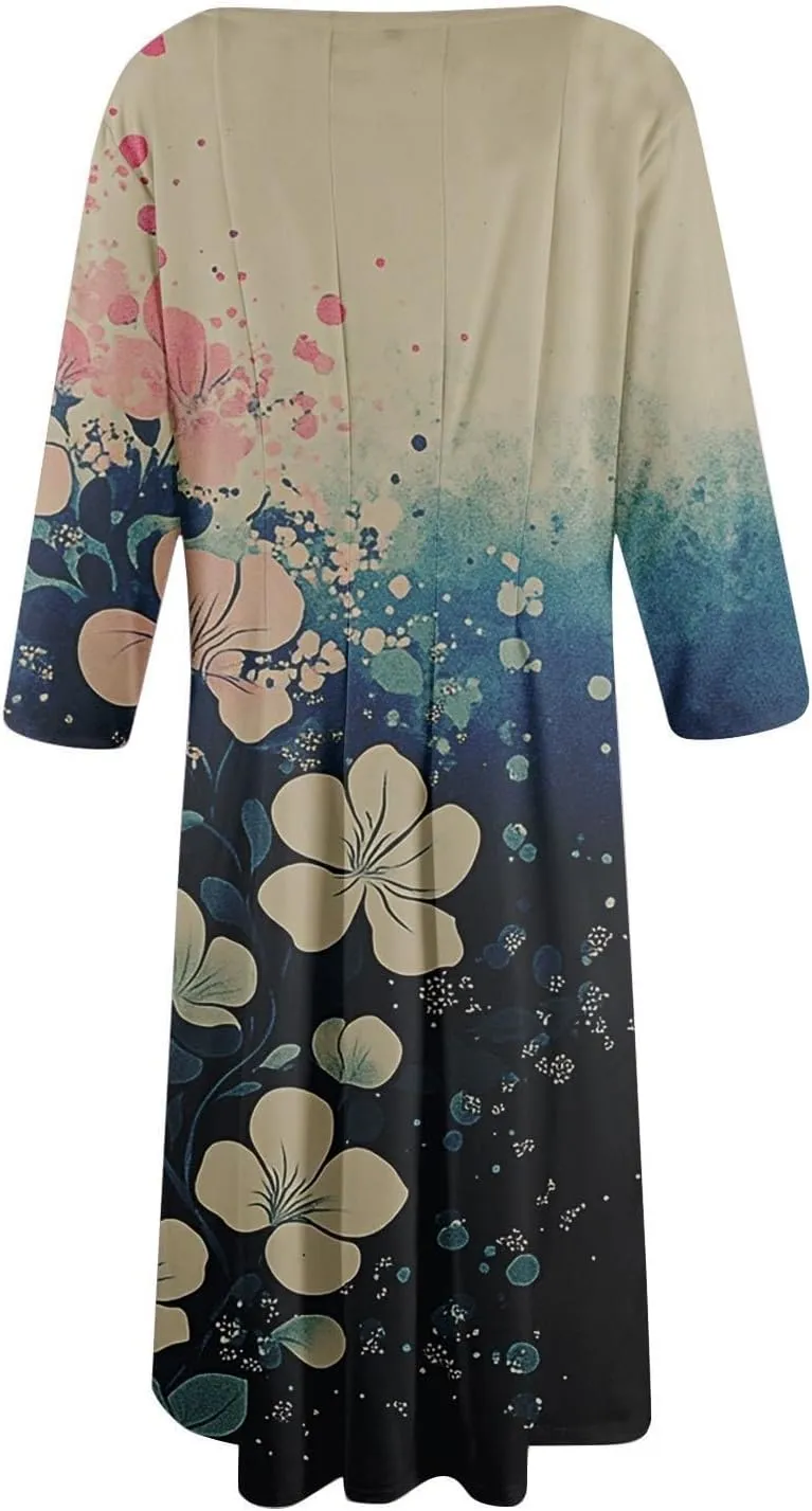Womens Summer Dresses 2025 Crew Neck 3/4 Sleeve Casual Sundresses Vacation Beach Loose Midi Dress with Pockets
