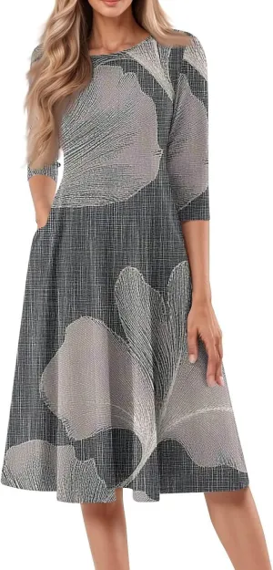 Womens Summer Dresses 2025 Crew Neck 3/4 Sleeve Casual Sundresses Vacation Beach Loose Midi Dress with Pockets