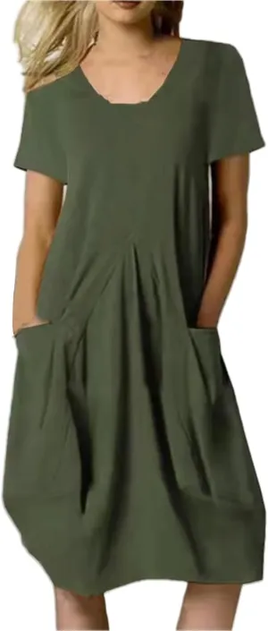 Womens Summer Dresses Casual Sundresses Linen Short Sleeve T-Shirt Dress Loose Fit Crewneck Midi Dresses with Pockets