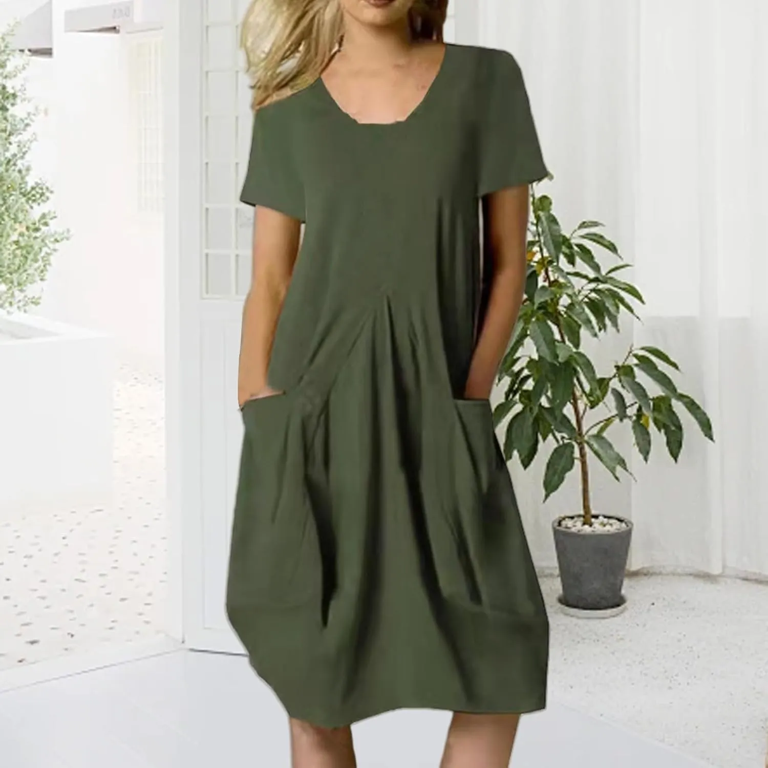 Womens Summer Dresses Casual Sundresses Linen Short Sleeve T-Shirt Dress Loose Fit Crewneck Midi Dresses with Pockets