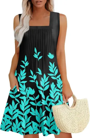 Womens Summer Dresses Flowy Sleeveless Mini Dress Beach Casual Sundresses Prited Tshirt Tank Dresses with Pockets