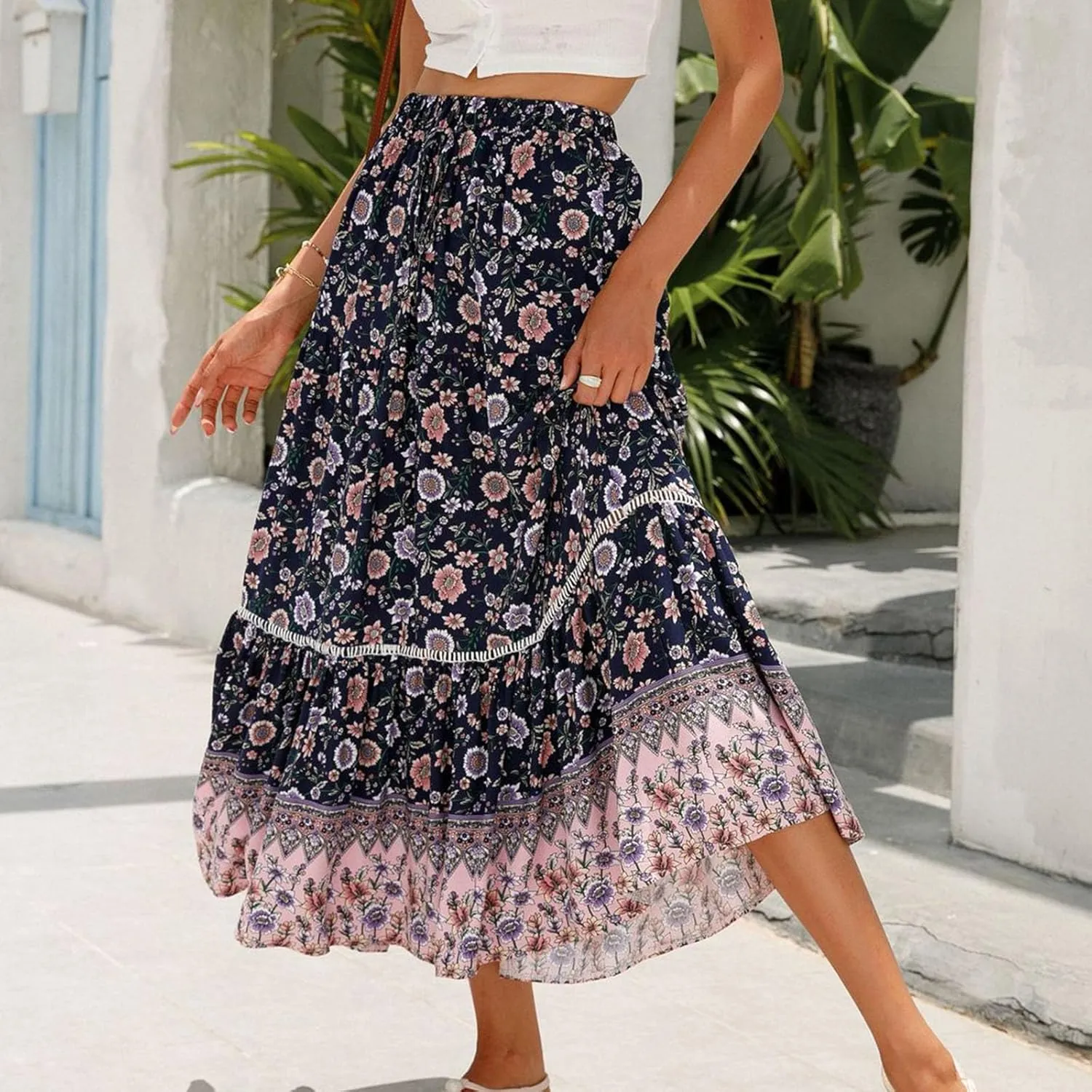 Womens Summer Elastic High Waist Boho Maxi Skirt Casual Drawstring A Line Tiered Swing Ruffles Beach Floral Long Skirts