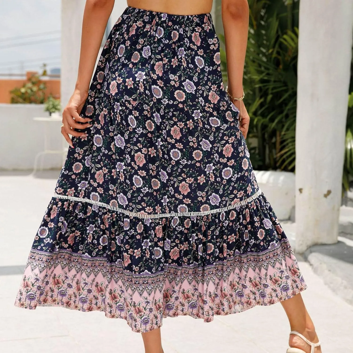 Womens Summer Elastic High Waist Boho Maxi Skirt Casual Drawstring A Line Tiered Swing Ruffles Beach Floral Long Skirts
