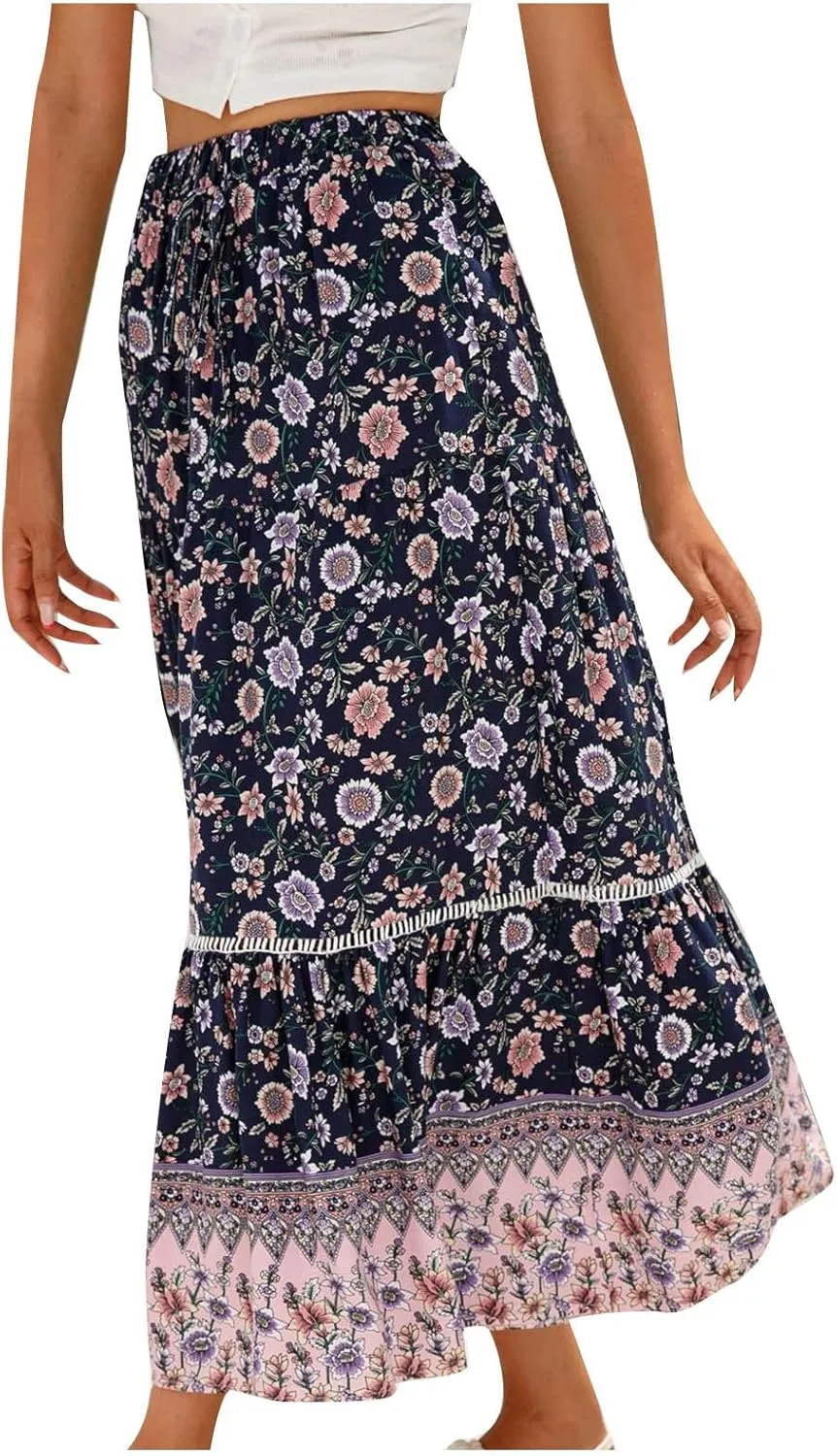 Womens Summer Elastic High Waist Boho Maxi Skirt Casual Drawstring A Line Tiered Swing Ruffles Beach Floral Long Skirts