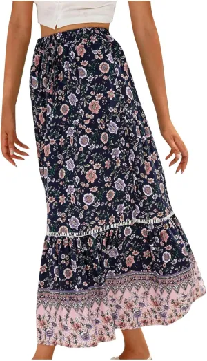 Womens Summer Elastic High Waist Boho Maxi Skirt Casual Drawstring A Line Tiered Swing Ruffles Beach Floral Long Skirts