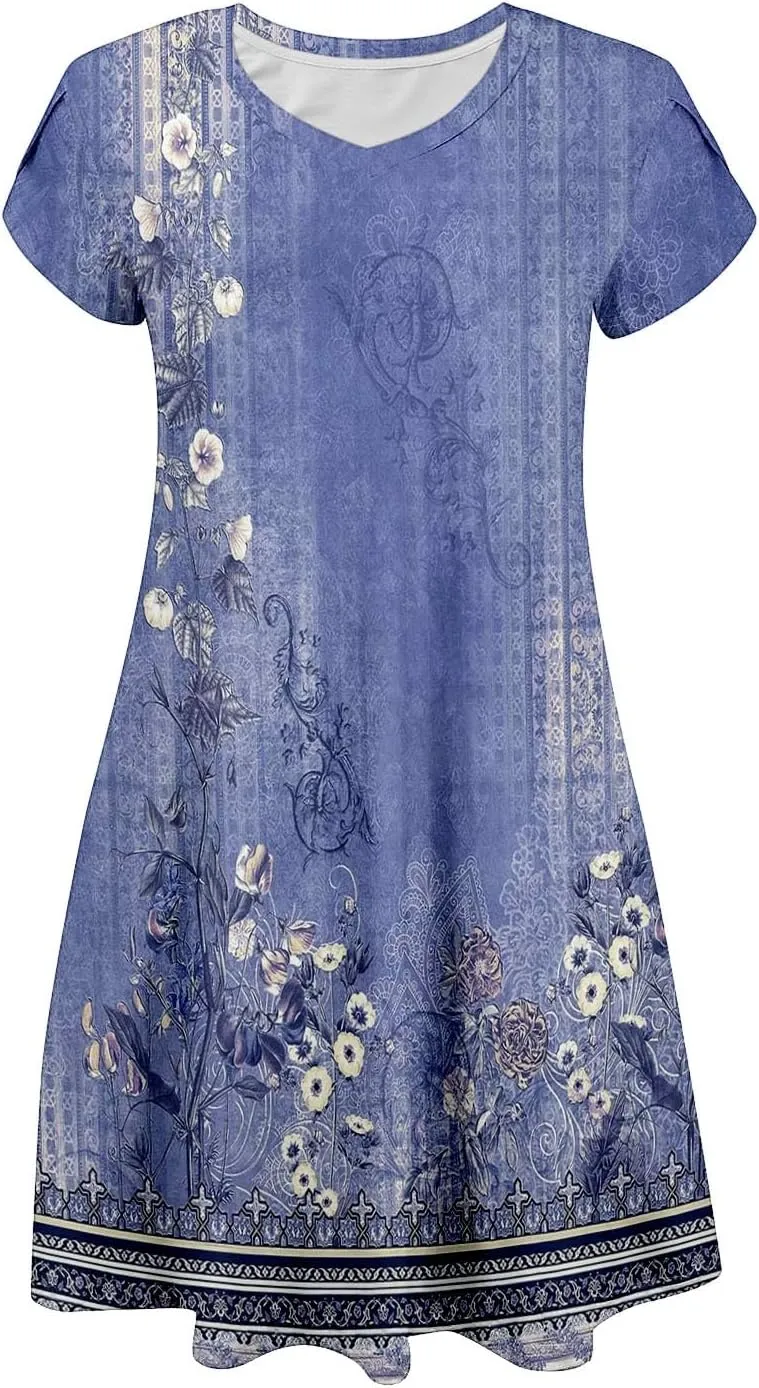 Women's Summer Floral Dresses 2025 Short Sleeve Boho Beach Sundress Crew Neck Casual Flowy A-Line Dresses