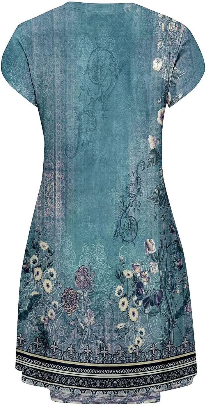 Women's Summer Floral Dresses 2025 Short Sleeve Boho Beach Sundress Crew Neck Casual Flowy A-Line Dresses