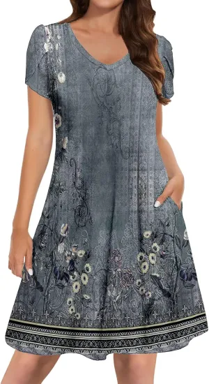 Women's Summer Floral Dresses 2025 Short Sleeve Boho Beach Sundress Crew Neck Casual Flowy A-Line Dresses
