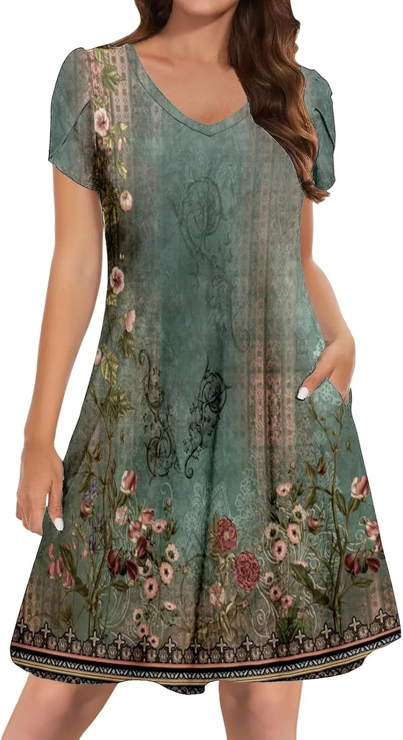 Women's Summer Floral Dresses 2025 Short Sleeve Boho Beach Sundress Crew Neck Casual Flowy A-Line Dresses
