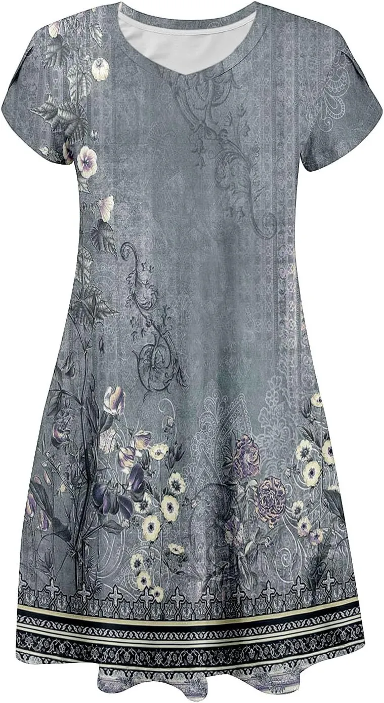 Women's Summer Floral Dresses 2025 Short Sleeve Boho Beach Sundress Crew Neck Casual Flowy A-Line Dresses