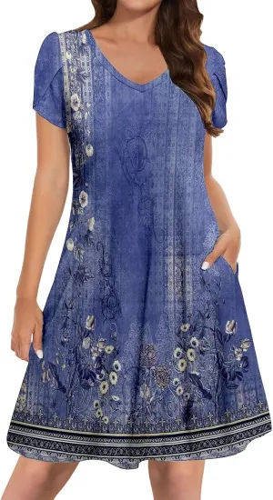 Women's Summer Floral Dresses 2025 Short Sleeve Boho Beach Sundress Crew Neck Casual Flowy A-Line Dresses