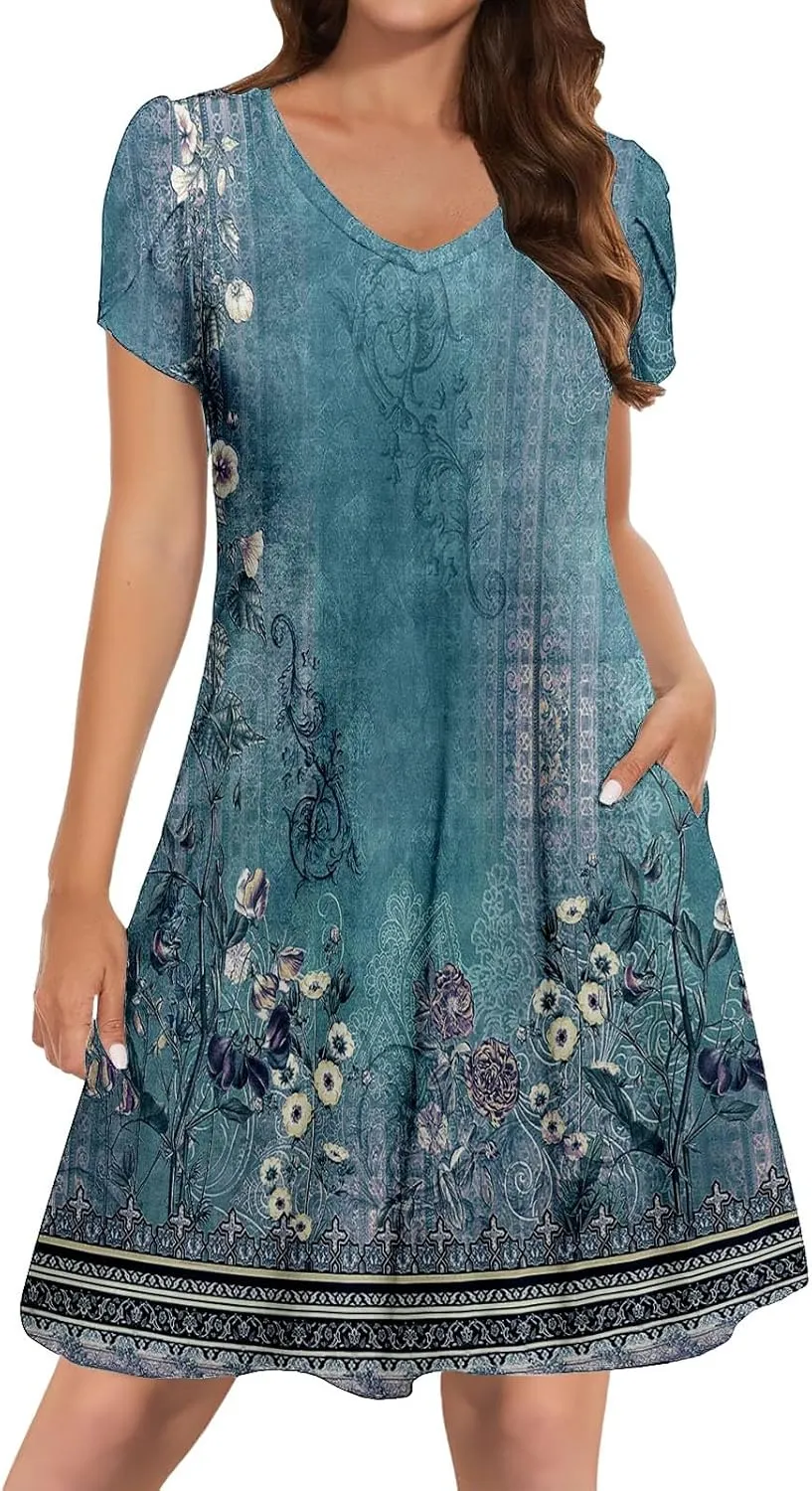 Women's Summer Floral Dresses 2025 Short Sleeve Boho Beach Sundress Crew Neck Casual Flowy A-Line Dresses