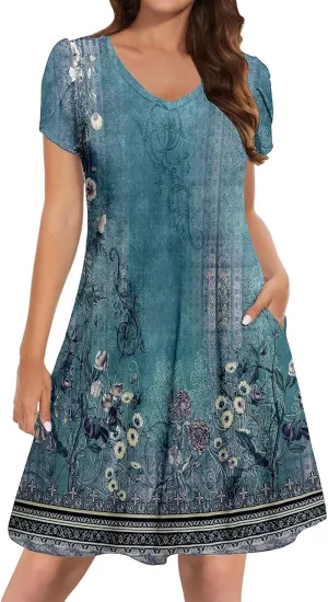 Women's Summer Floral Dresses 2025 Short Sleeve Boho Beach Sundress Crew Neck Casual Flowy A-Line Dresses