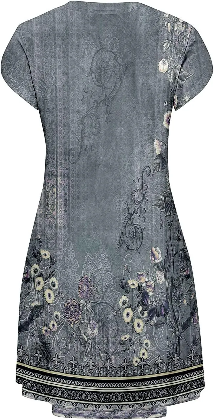 Women's Summer Floral Dresses 2025 Short Sleeve Boho Beach Sundress Crew Neck Casual Flowy A-Line Dresses