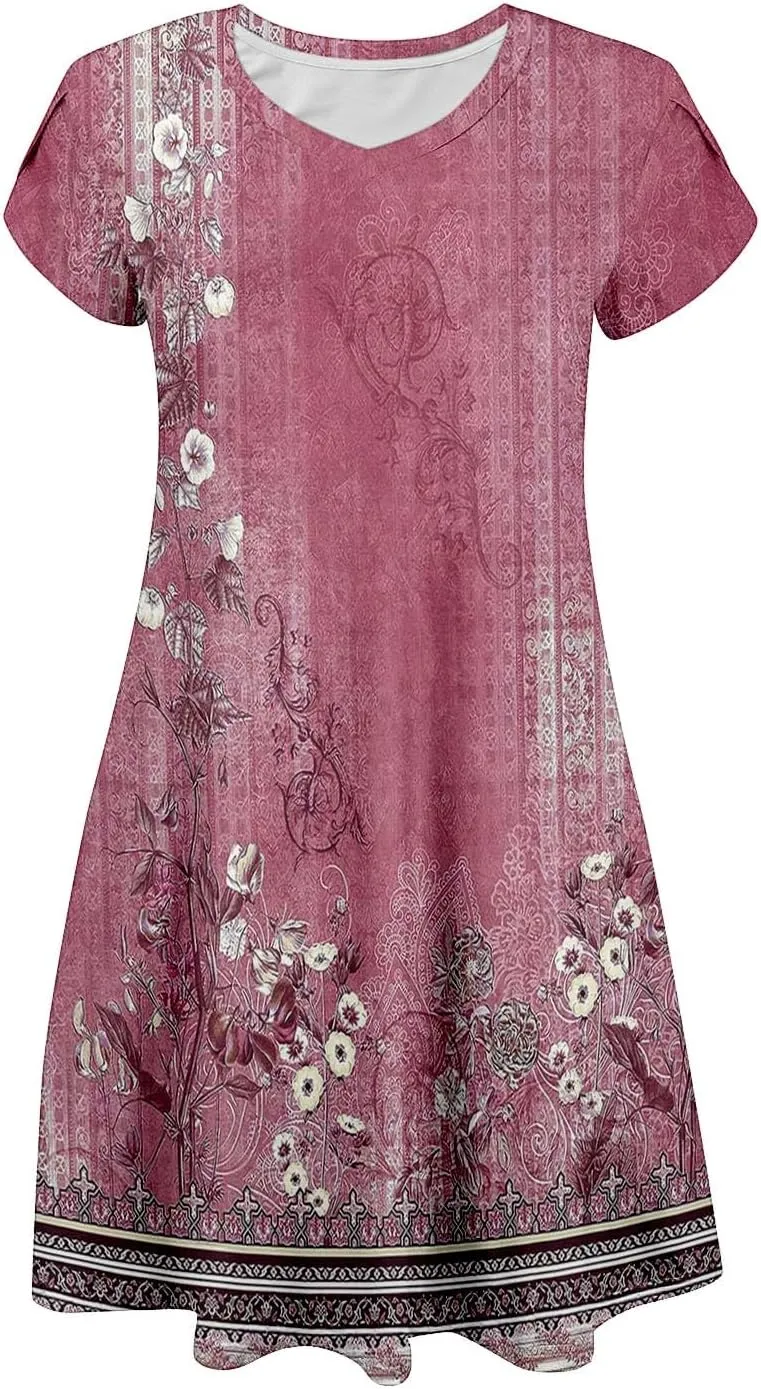 Women's Summer Floral Dresses 2025 Short Sleeve Boho Beach Sundress Crew Neck Casual Flowy A-Line Dresses