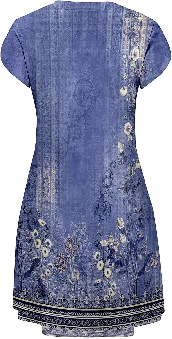 Women's Summer Floral Dresses 2025 Short Sleeve Boho Beach Sundress Crew Neck Casual Flowy A-Line Dresses