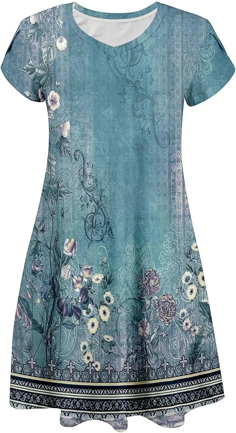 Women's Summer Floral Dresses 2025 Short Sleeve Boho Beach Sundress Crew Neck Casual Flowy A-Line Dresses