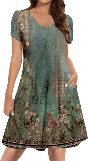 Women's Summer Floral Dresses 2025 Short Sleeve Boho Beach Sundress Crew Neck Casual Flowy A-Line Dresses