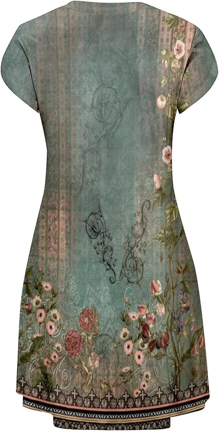 Women's Summer Floral Dresses 2025 Short Sleeve Boho Beach Sundress Crew Neck Casual Flowy A-Line Dresses