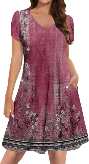 Women's Summer Floral Dresses 2025 Short Sleeve Boho Beach Sundress Crew Neck Casual Flowy A-Line Dresses