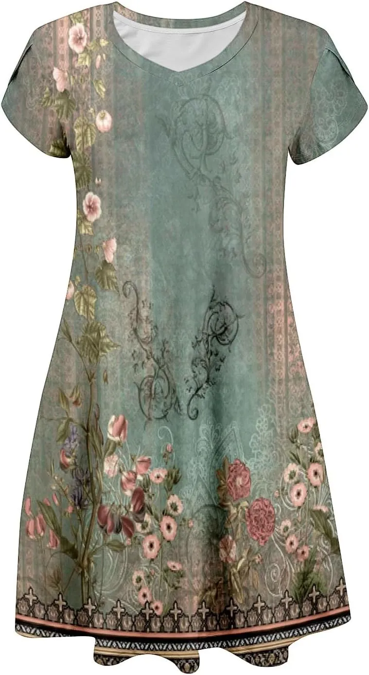 Women's Summer Floral Dresses 2025 Short Sleeve Boho Beach Sundress Crew Neck Casual Flowy A-Line Dresses