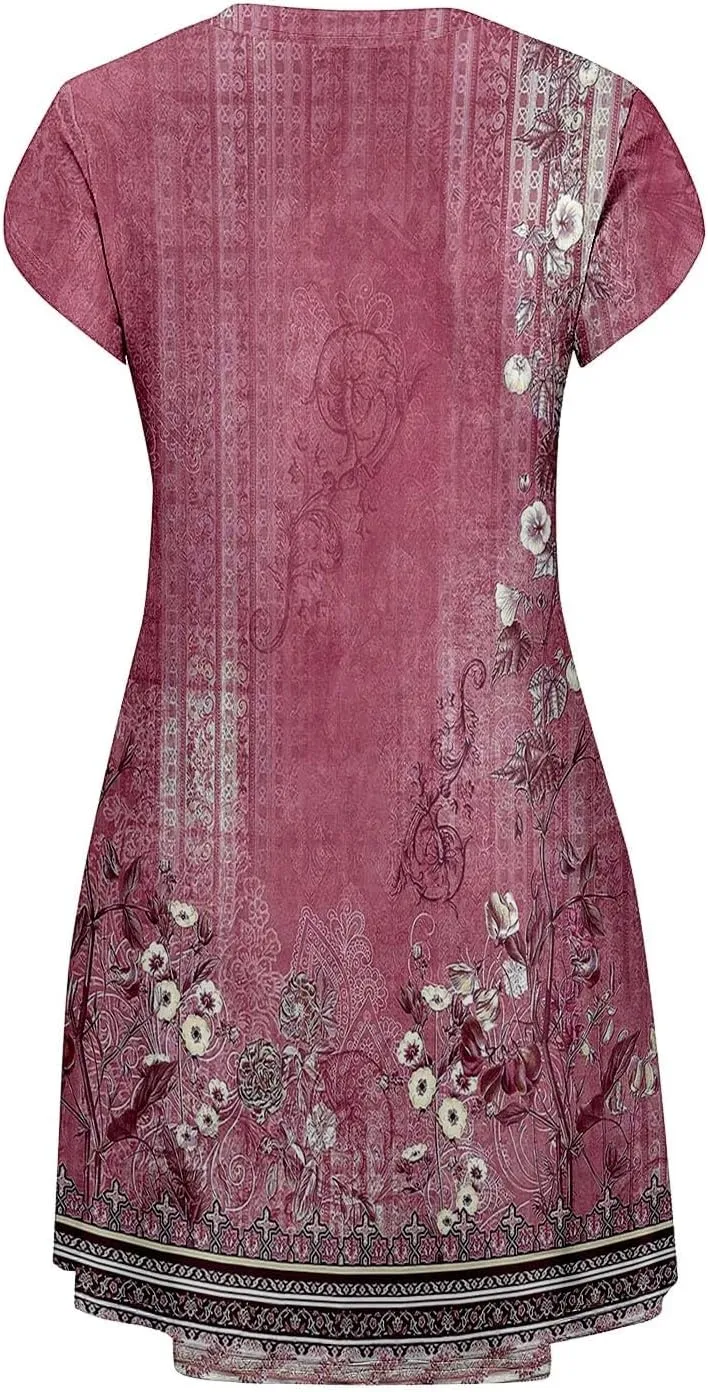 Women's Summer Floral Dresses 2025 Short Sleeve Boho Beach Sundress Crew Neck Casual Flowy A-Line Dresses