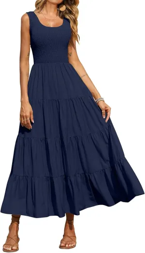 Womens Summer Maxi Sundress Sleeveless Smocked Tiered Tank A-Line Dresses Casual Loose Plain Swing Beach Dress